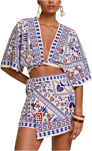 RoseSeek Women's 2 Piece Summer Skirt Sets Tropical Half Sleeve Top and Wrap Skirts Set Beach Vacation Outfits in Saudi Arabia