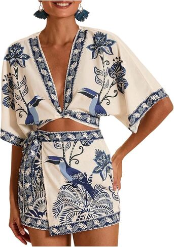 RoseSeek Women's 2 Piece Summer Skirt Sets Tropical Half Sleeve Top and Wrap Skirts Set Beach Vacation Outfits in Saudi Arabia
