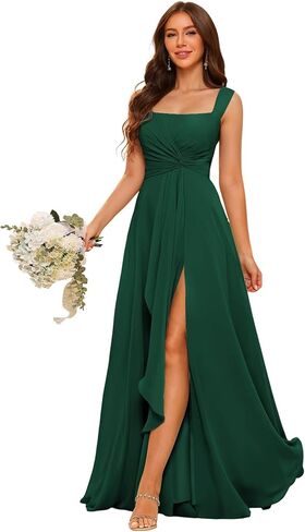 YOFF Square Neck Bridesmaid Dresses with Slit Chiffon Aline Formal Evening Dress with Pocket YO004 in Saudi Arabia