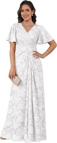 Lace Mother of the Bride Dresses for Women Modest V-Neck Ruched Formal Wedding Guest Dress with Sleeves in Saudi Arabia