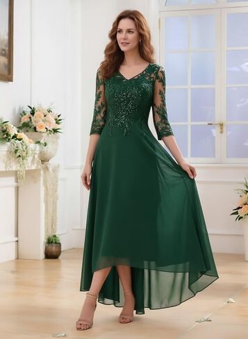 Mother of The Bride Dresses 3/4 Sleeve Lace Appliques V Neck Chiffon A Line Mother of The Groom Dresses for Women in Kuwait