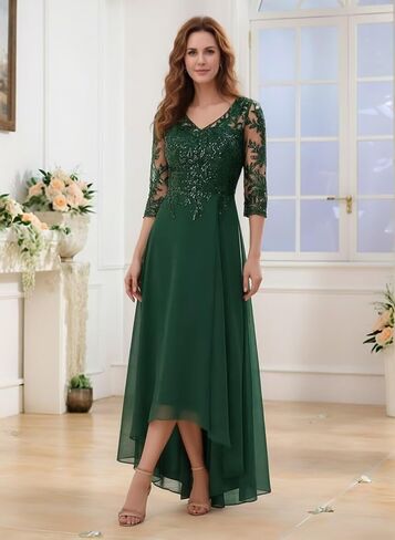 Mother of The Bride Dresses 3/4 Sleeve Lace Appliques V Neck Chiffon A Line Mother of The Groom Dresses for Women in Kuwait
