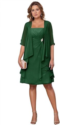 Two Piece Chiffon Mother of The Bride Dresses for Women Square Neck Short Formal Wedding Guest Gowns with Sleeves in Kuwait