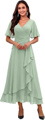 Tea Length Mother of The Bride Dresses for Wedding Chiffon Mother of Groom Dress Ruffles V Neck Formal Evening Dress DDSQ073 in Saudi Arabia