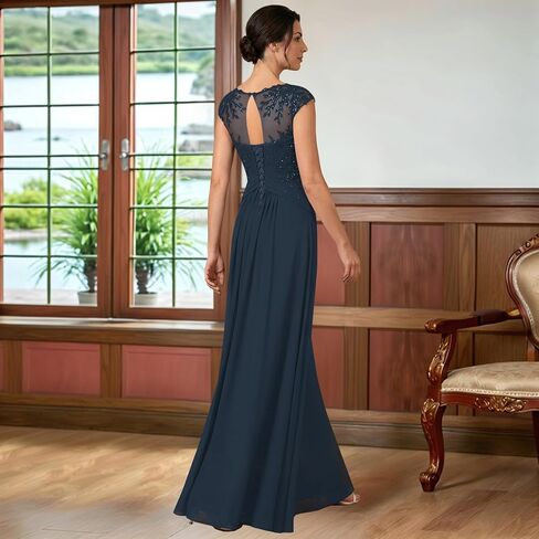 Lace Applique Mother of the Bride Dress A-Line Long Corset Chiffon Evening Gown with Cap Sleeves in Kuwait