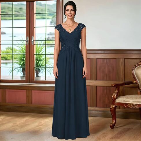 Lace Applique Mother of the Bride Dress A-Line Long Corset Chiffon Evening Gown with Cap Sleeves in Kuwait
