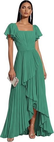 Short Sleeve Bridesmaid Dresses for Women 2026 Pleated Satin Hi-Lo Formal Dress for Wedding Guest LE008 in Saudi Arabia