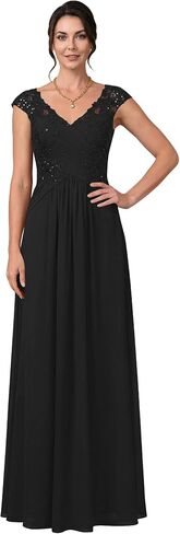 Lace Applique Mother of the Bride Dress A-Line Long Corset Chiffon Evening Gown with Cap Sleeves in Kuwait