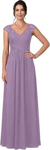 Lace Applique Mother of the Bride Dress A-Line Long Corset Chiffon Evening Gown with Cap Sleeves in Kuwait