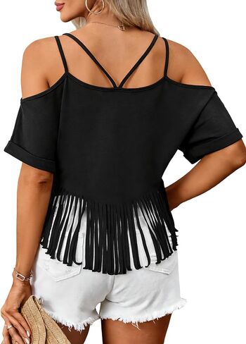 LilyCoco V Neck Cold Shoulder Tops for Women Western Cowgirl Fringe Crop T Shirts in Saudi Arabia
