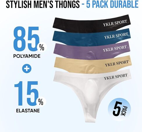 Mens Thongs Underwear 5 Pack, Stretchy Breathable Nylon Spandex G String for Men, Low Rise T Back Sexy Thong in Kuwait