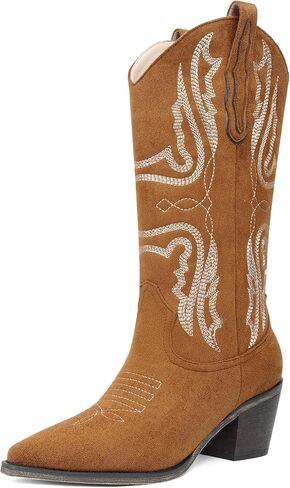 olomisa Mid Calf Cowboy Boots for Women Embroidery Cowgirl Pointed Toe Chunky Heel Pull On Suede Western Classic Boots in Saudi Arabia