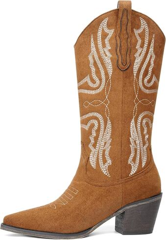olomisa Mid Calf Cowboy Boots for Women Embroidery Cowgirl Pointed Toe Chunky Heel Pull On Suede Western Classic Boots in Saudi Arabia