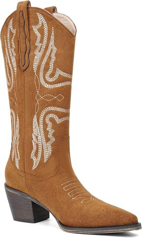 olomisa Mid Calf Cowboy Boots for Women Embroidery Cowgirl Pointed Toe Chunky Heel Pull On Suede Western Classic Boots in Saudi Arabia
