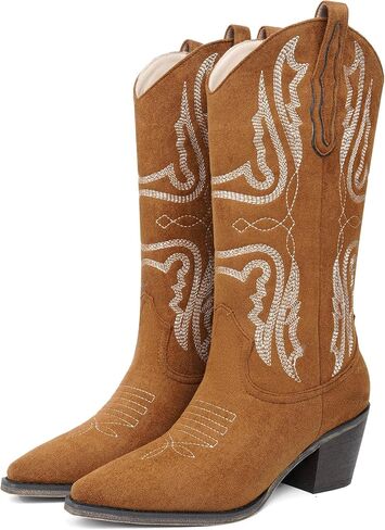 olomisa Mid Calf Cowboy Boots for Women Embroidery Cowgirl Pointed Toe Chunky Heel Pull On Suede Western Classic Boots in Saudi Arabia