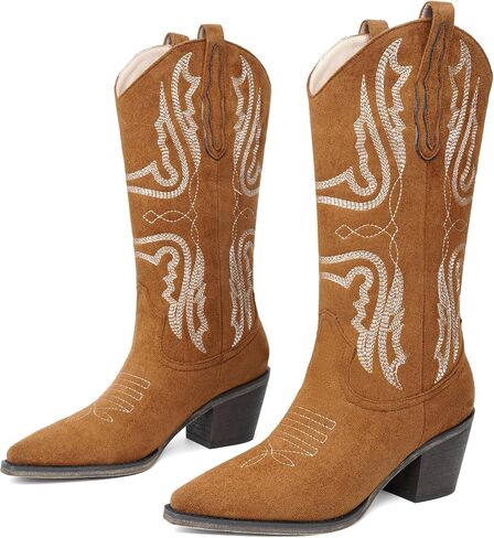 olomisa Mid Calf Cowboy Boots for Women Embroidery Cowgirl Pointed Toe Chunky Heel Pull On Suede Western Classic Boots in Saudi Arabia