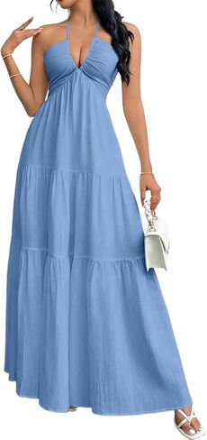 Women's Maxi Sun Dresses Halter V Neck Vacation Dresses A-Line Backless Flowy Summer Beach Boho Dress in Saudi Arabia