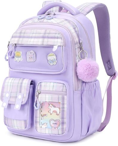 Kids Backpack for Girls, Bookbag for Elementary Students Kawaii Ita School Bag with Pins for Teens Lightweight Water Resistant Travel Backpack with Luggage Strap, Purple in Saudi Arabia