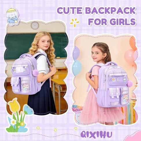 Kids Backpack for Girls, Bookbag for Elementary Students Kawaii Ita School Bag with Pins for Teens Lightweight Water Resistant Travel Backpack with Luggage Strap, Purple in Saudi Arabia