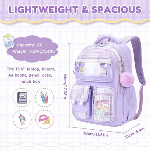 Kids Backpack for Girls, Bookbag for Elementary Students Kawaii Ita School Bag with Pins for Teens Lightweight Water Resistant Travel Backpack with Luggage Strap, Purple in Saudi Arabia
