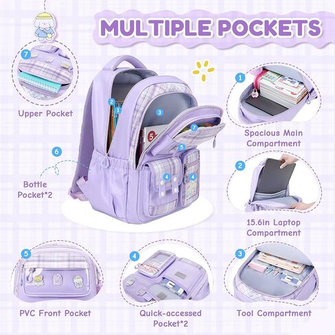 Kids Backpack for Girls, Bookbag for Elementary Students Kawaii Ita School Bag with Pins for Teens Lightweight Water Resistant Travel Backpack with Luggage Strap, Purple in Saudi Arabia