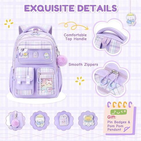 Kids Backpack for Girls, Bookbag for Elementary Students Kawaii Ita School Bag with Pins for Teens Lightweight Water Resistant Travel Backpack with Luggage Strap, Purple in Saudi Arabia