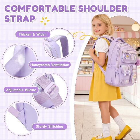 Kids Backpack for Girls, Bookbag for Elementary Students Kawaii Ita School Bag with Pins for Teens Lightweight Water Resistant Travel Backpack with Luggage Strap, Purple in Saudi Arabia