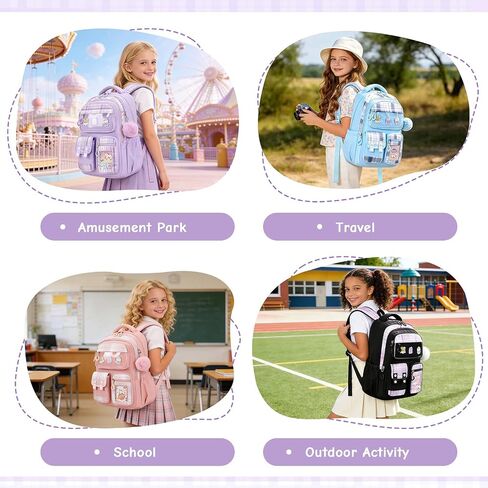 Kids Backpack for Girls, Bookbag for Elementary Students Kawaii Ita School Bag with Pins for Teens Lightweight Water Resistant Travel Backpack with Luggage Strap, Purple in Saudi Arabia