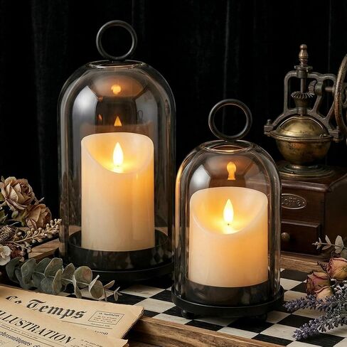 Hurricane Candle Holders Set of 2-10" & 7.8" Black Metal Base with Glass Dome, Includes 2 Pillar Candles, Hanging or Tabletop Centerpiece (Batteries Not Included) in Saudi Arabia