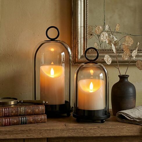 Hurricane Candle Holders Set of 2-10" & 7.8" Black Metal Base with Glass Dome, Includes 2 Pillar Candles, Hanging or Tabletop Centerpiece (Batteries Not Included) in Saudi Arabia