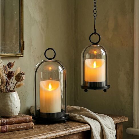 Hurricane Candle Holders Set of 2-10" & 7.8" Black Metal Base with Glass Dome, Includes 2 Pillar Candles, Hanging or Tabletop Centerpiece (Batteries Not Included) in Saudi Arabia
