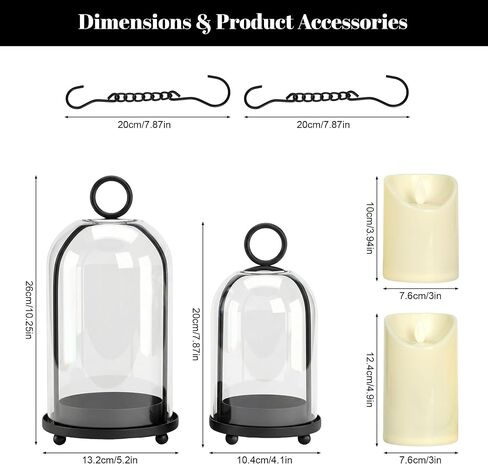 Hurricane Candle Holders Set of 2-10" & 7.8" Black Metal Base with Glass Dome, Includes 2 Pillar Candles, Hanging or Tabletop Centerpiece (Batteries Not Included) in Saudi Arabia