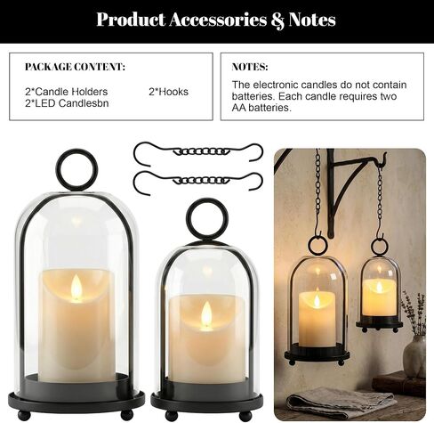 Hurricane Candle Holders Set of 2-10" & 7.8" Black Metal Base with Glass Dome, Includes 2 Pillar Candles, Hanging or Tabletop Centerpiece (Batteries Not Included) in Saudi Arabia
