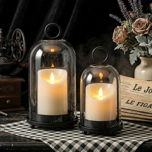 Hurricane Candle Holders Set of 2-10" & 7.8" Black Metal Base with Glass Dome, Includes 2 Pillar Candles, Hanging or Tabletop Centerpiece (Batteries Not Included) in Saudi Arabia