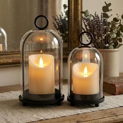 Hurricane Candle Holders Set of 2-10" & 7.8" Black Metal Base with Glass Dome, Includes 2 Pillar Candles, Hanging or Tabletop Centerpiece (Batteries Not Included) in Saudi Arabia