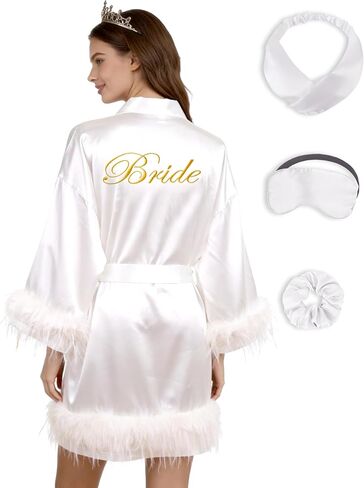 EPLAZA Bride Robe for Wedding Day Bridal Robe Feather Sleeve Silky Embroidery Satin Kimono for Bridal Bachelor Party in Kuwait