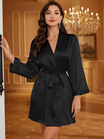 Women's Satin Silky Short Robes for woman, Bridesmaid Bride Party Satin Robes Sleepwear in Kuwait