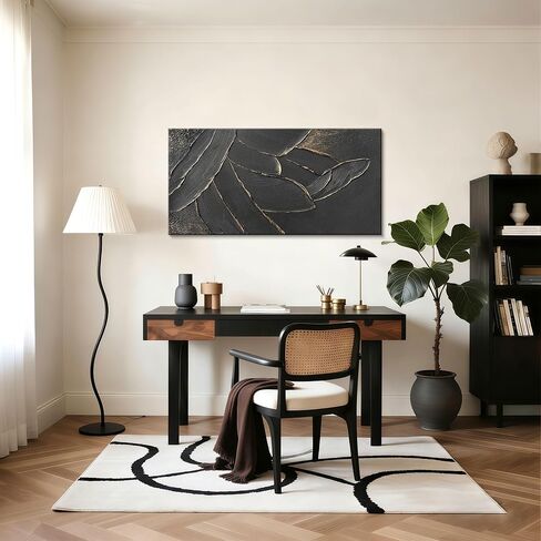 WENGTIAO Hand Painted Pure Black Wall Art Abstract Oil Painting With Gold Dust Thick Texture Modern Artwork 56x28 inch Large Minimalist Art on Canvas for Living Room Office Corridor Home Decor in Saudi Arabia