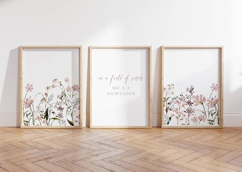 Flowers and Nursery Quote Canvas Painting 3 Pieces In a Field of Roses She is a Wildflower Poster Prints Wall Pictures Home Girl Nursery Baby Room Decoration with Wooden Inner Frame in Saudi Arabia