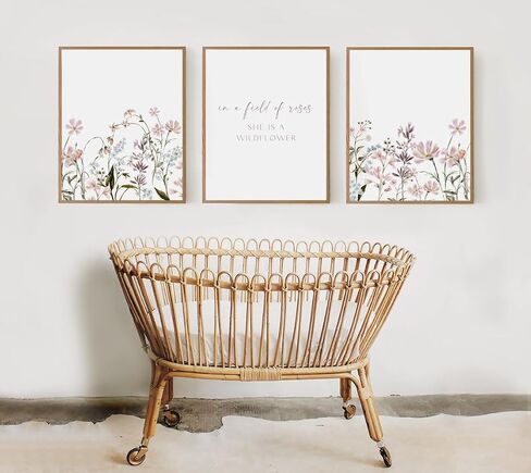 Flowers and Nursery Quote Canvas Painting 3 Pieces In a Field of Roses She is a Wildflower Poster Prints Wall Pictures Home Girl Nursery Baby Room Decoration with Wooden Inner Frame in Saudi Arabia