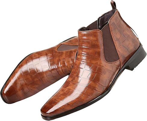 Fashion Chelsea Boots for Men's Leather Print Pointed Toe Slip-On Low Chunky Heel Retro Dress Business Chukka Ankle Oxford Boots for Formal Wedding Party Causal Work in Saudi Arabia