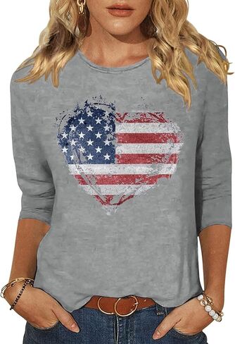 Woffccrd Womens 3/4 Sleeve American Flag T-Shirts Crew Neck 4th of July Summer Graphic Tee Tops in Kuwait