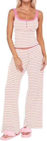MISSACTIVER Women’s Striped 2 Piece Lounge Set Henley Tank Tops Camisole Wide Leg Pants Matching Pajama Set Summer Outfit in Kuwait