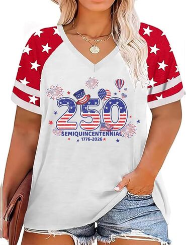 4th of July Outfits for Women Patriotic Shirts for Women Plus Size Celebrating 250 Years of America's Greatness in Kuwait
