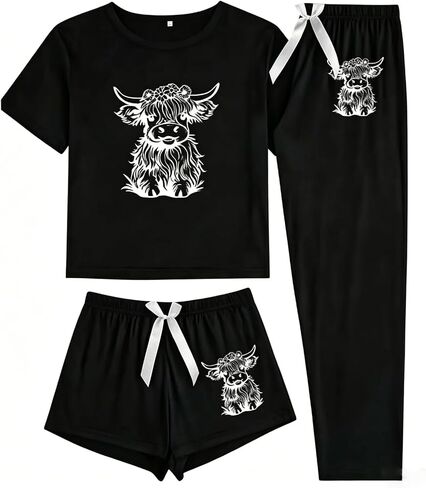 Womens Cow Print Pajama Set 3 Piece Lounge Sleepwear Soft Short Sleeve Tee Shorts Pants Matching PJ Set in Kuwait