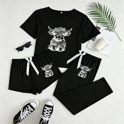 Womens Cow Print Pajama Set 3 Piece Lounge Sleepwear Soft Short Sleeve Tee Shorts Pants Matching PJ Set in Kuwait