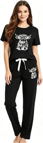 Womens Cow Print Pajama Set 3 Piece Lounge Sleepwear Soft Short Sleeve Tee Shorts Pants Matching PJ Set in Kuwait