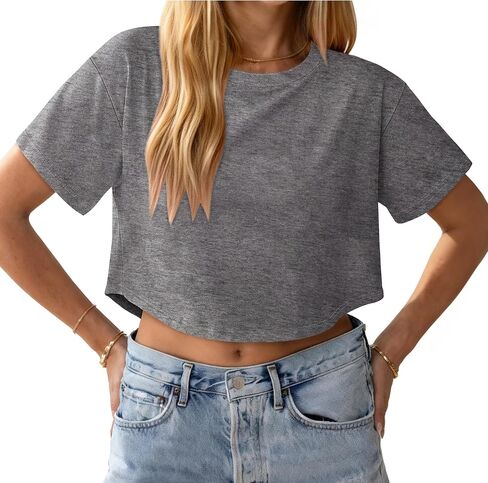 Crop Tops for Women Short Sleeves T Shirts Casual Crewneck Curved Hem Loose Fit Summer Basic Tees 2026 in Kuwait
