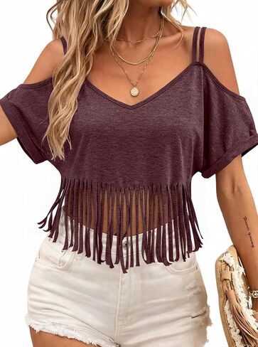 LilyCoco V Neck Cold Shoulder Tops for Women Western Cowgirl Fringe Crop T Shirts in Saudi Arabia