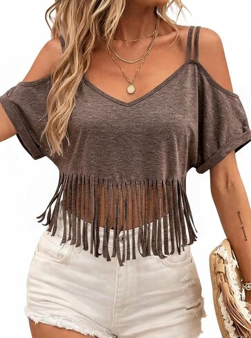 LilyCoco V Neck Cold Shoulder Tops for Women Western Cowgirl Fringe Crop T Shirts in Saudi Arabia
